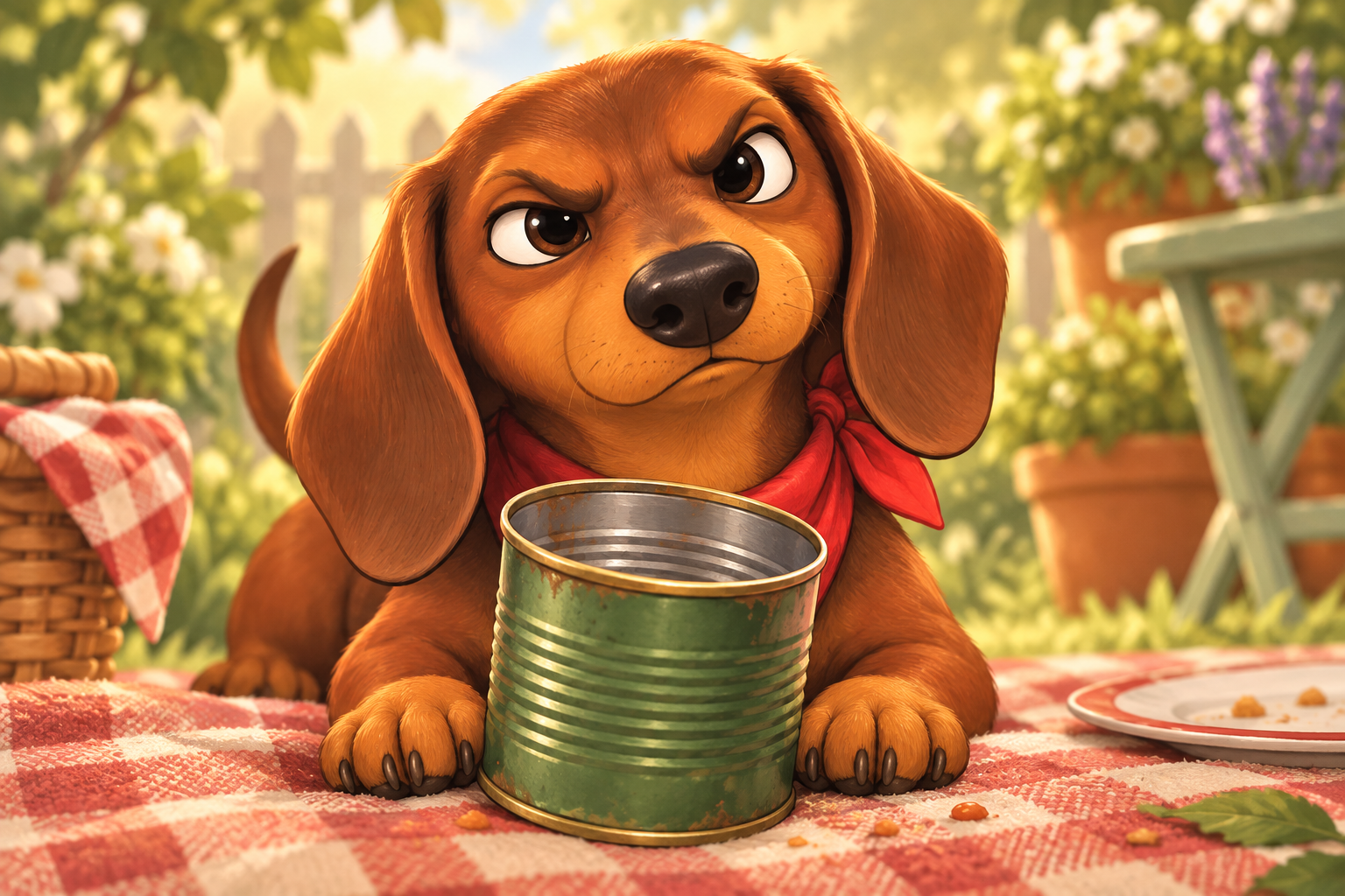 Sausage the dachshund looks unimpressed with an empty bean tin